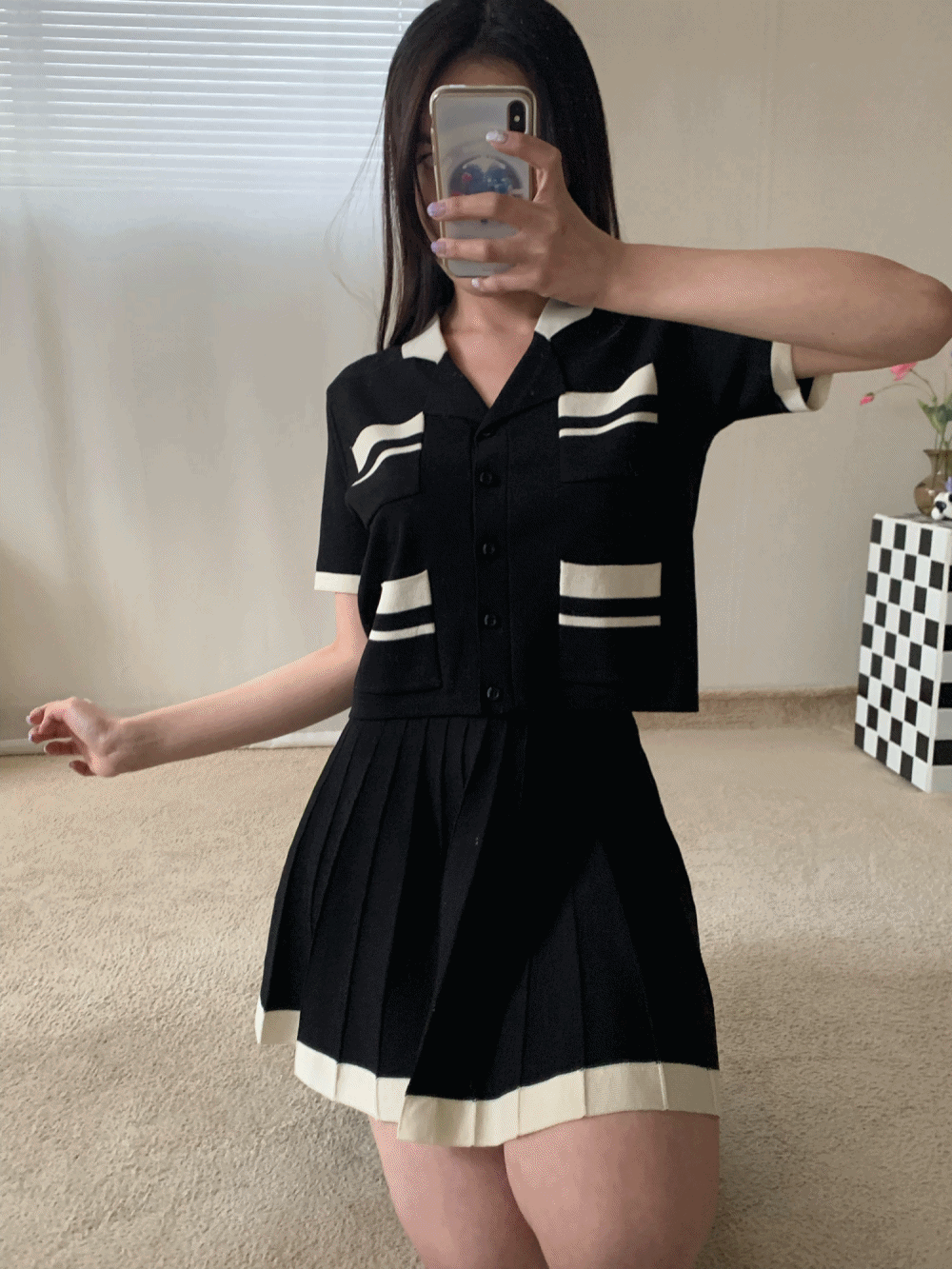 [Top/ Skirt] Domino pocket knit &amp; skirt SET / 2 colors